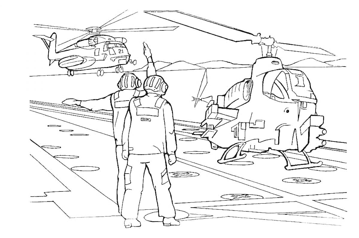 На раскраске изображено: Авианосец, Военные, Палуба, Полет, Авиация, Морской флот, Работа