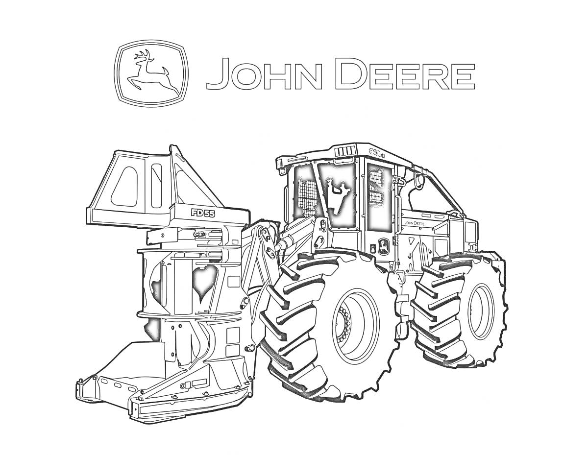 РаскраскаJohn Deere с лесозаготовительной техникой