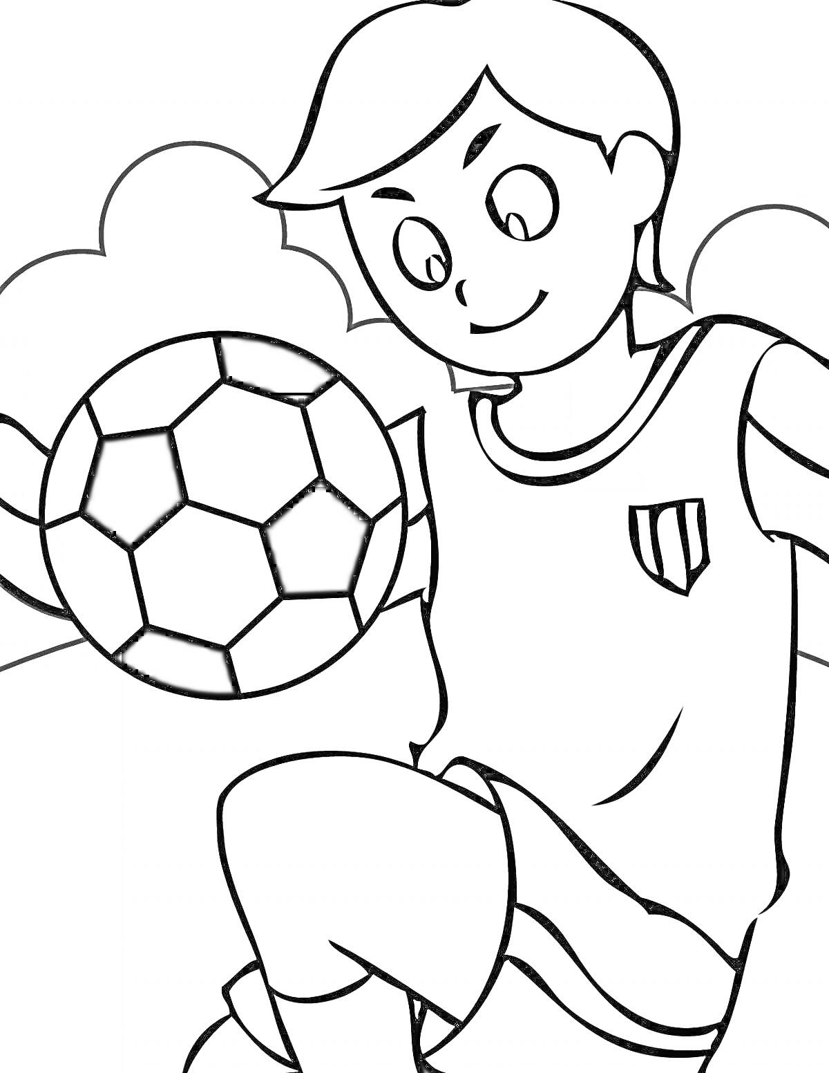 На раскраске изображено: Футболист, Спорт, Облака, Игровой момент, Физкультура, Малыш, Движения