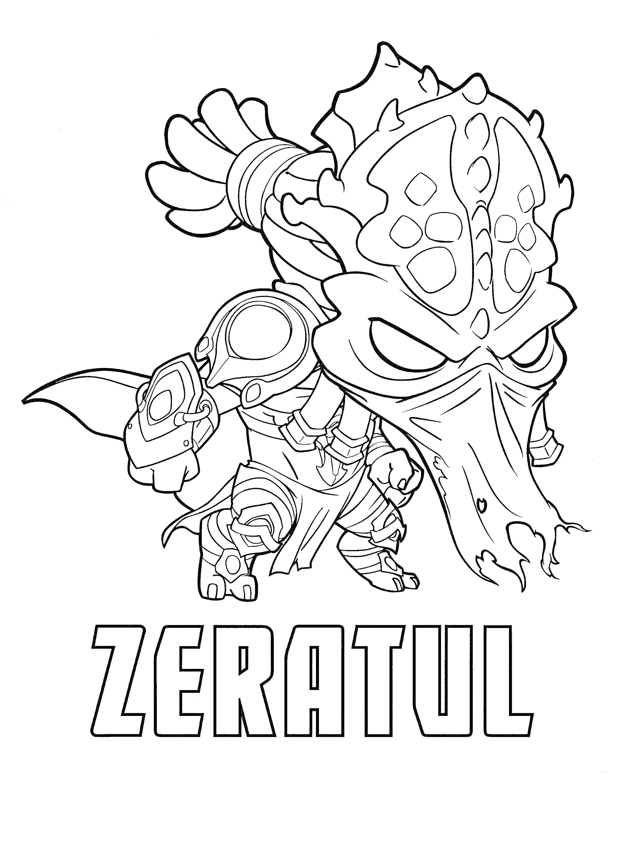 Раскраска Zeratul, космический воин со шлемом и броней, текст ZERATUL внизу изображения