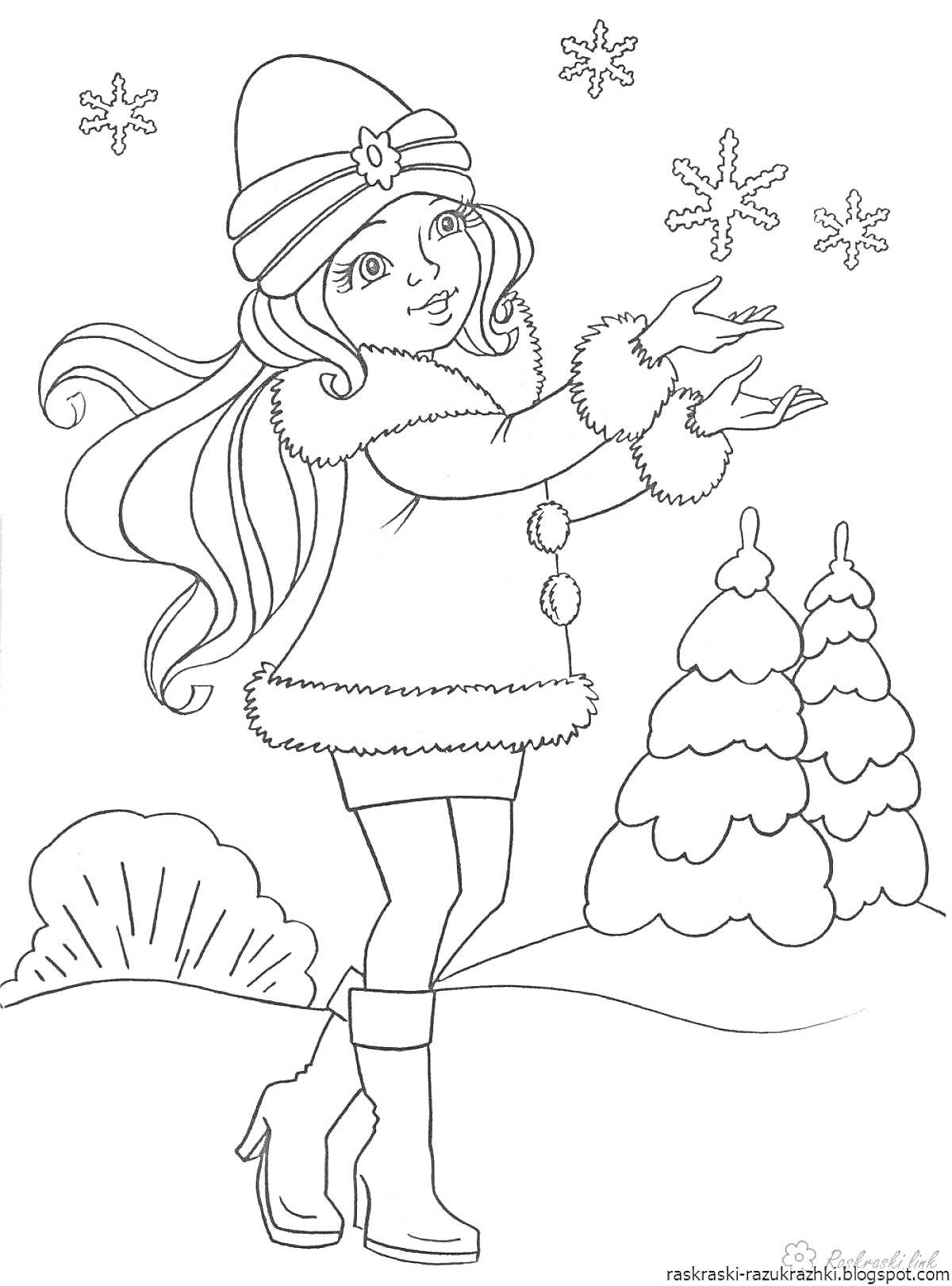 На раскраске изображено: Девочка, Зима, Снежинки, Зимняя одежда, Шапка, Ботинки, Елки, Снег, Зимний лес