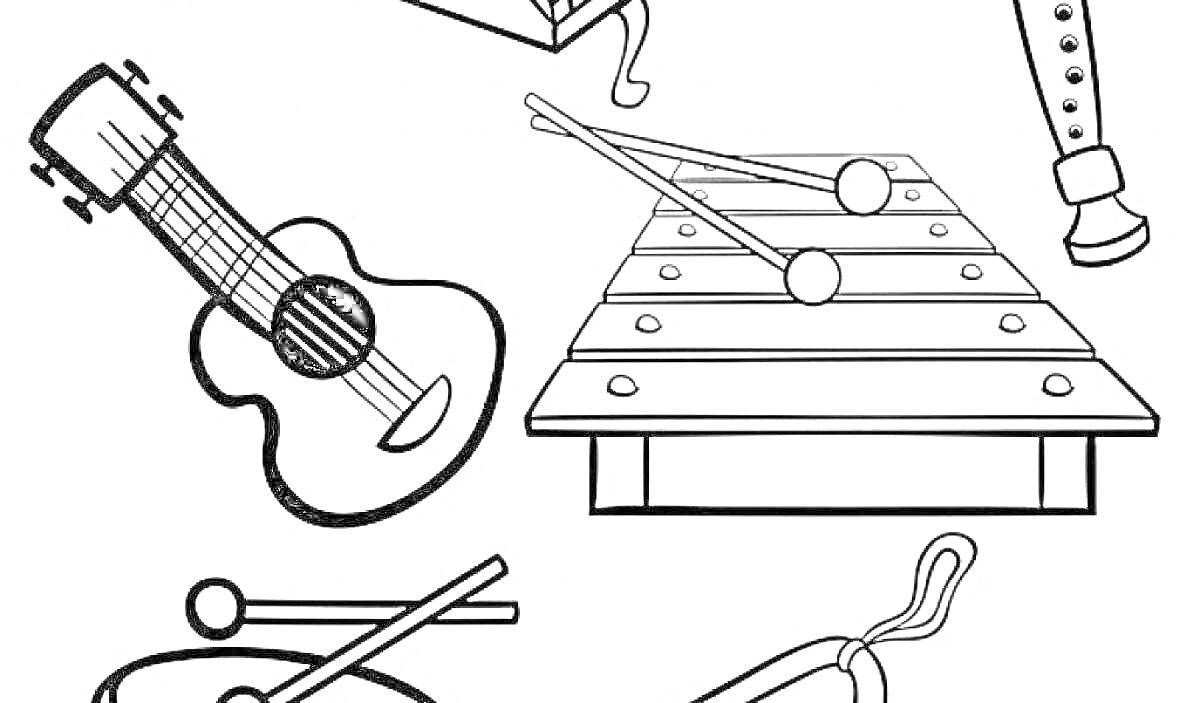На раскраске изображено: Музыкальные инструменты, Гитара, Флейта, Для детей, Барабан, Треугольники