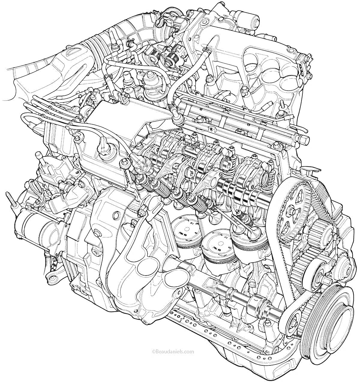 двигатель внутреннего сгорания, ремни, шестерни, поршни, впускные и выпускные коллекторы, клапаны, цилиндры, топливные форсунки