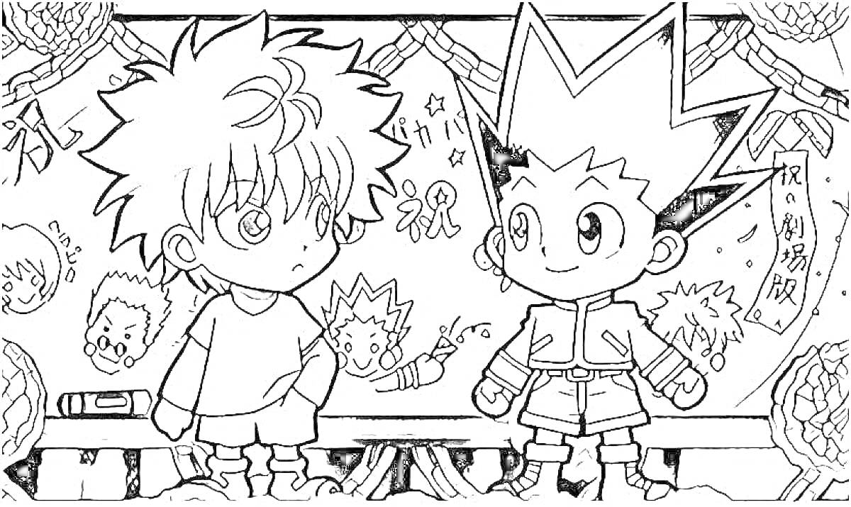 Раскраска Два мальчика-аниме в комнате с украшениями и плакатами