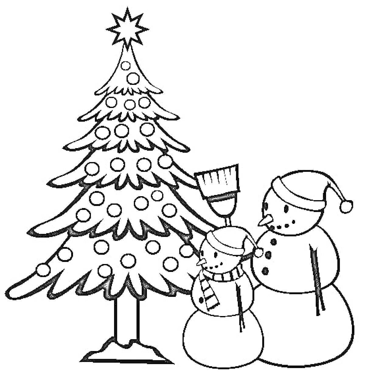Раскраска Елка с украшениями и двумя снеговиками