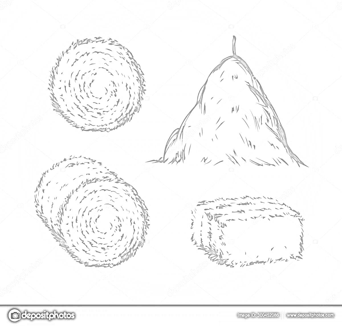 Раскраска Различные виды сена - тюк, круглый рулон, стопка круглых рулонов и стог.