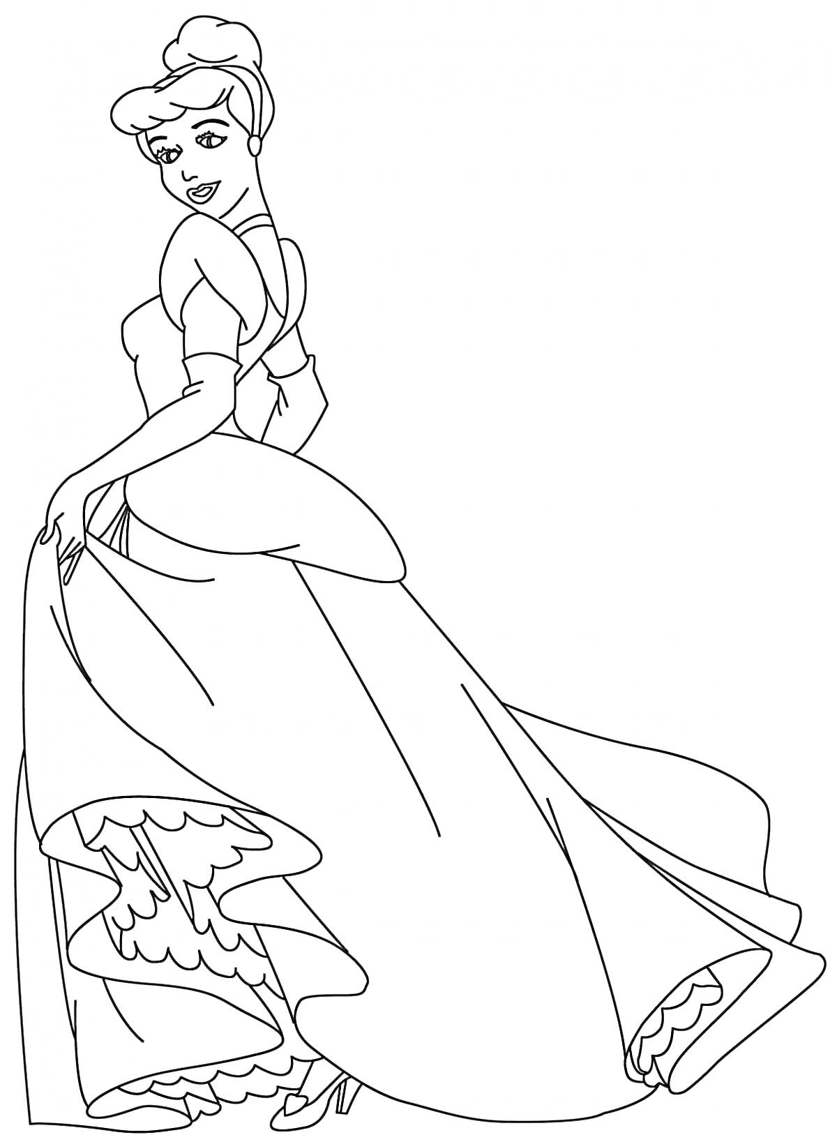 На раскраске изображено: Принцесса, Платье, Бальное платье, Девочка, Из сказок, Наряд, Для девочек