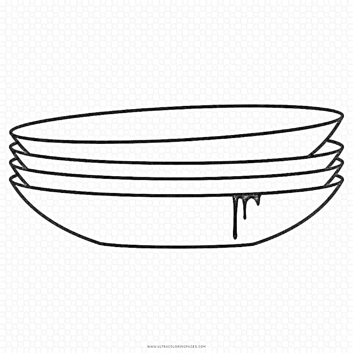 Раскраска Тарелки для салата, сложенные друг на друга с вытеканием жидкости