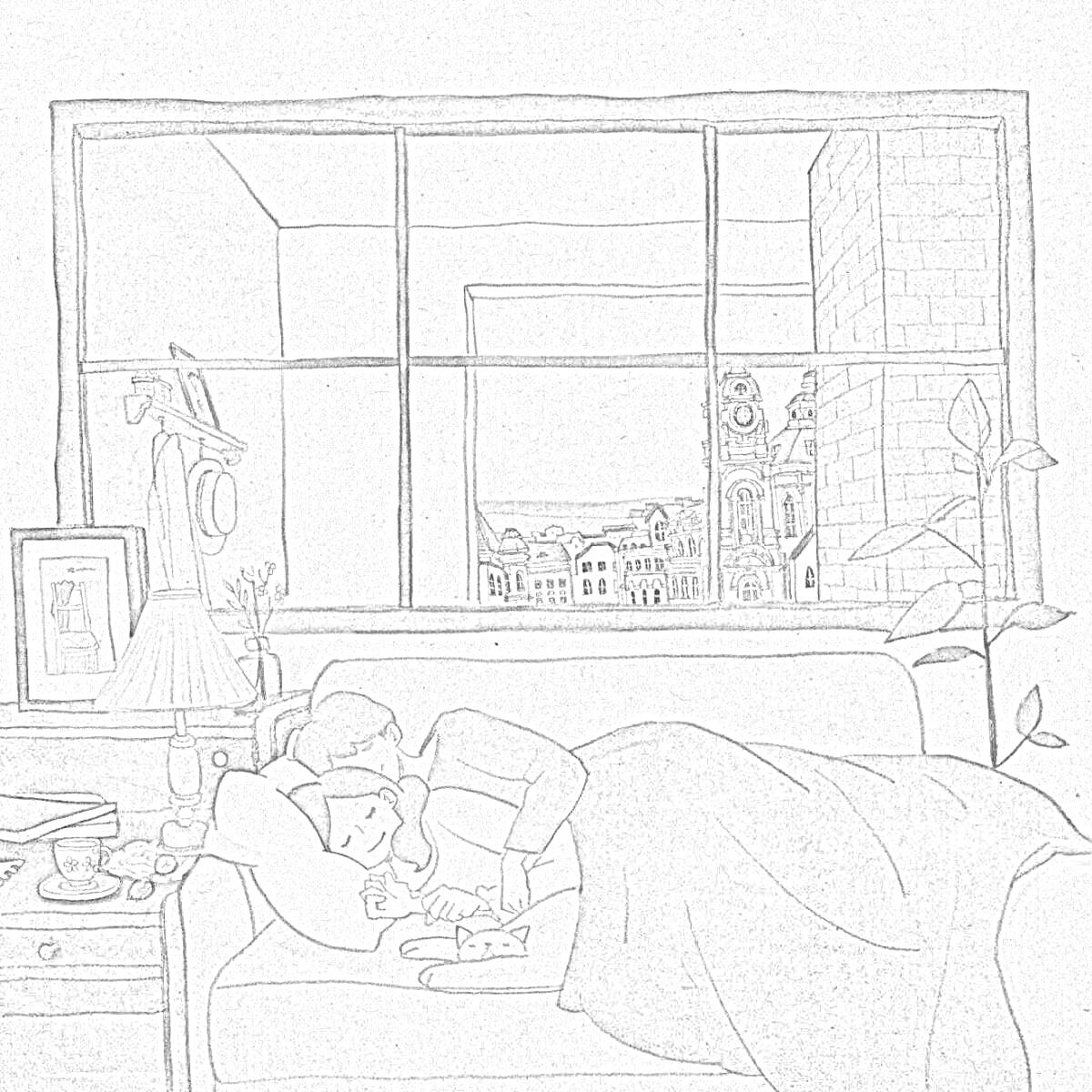Раскраска Пара на диване, поцелуй, уютная комната с окнами, книга, чашка, лампа, фотографии