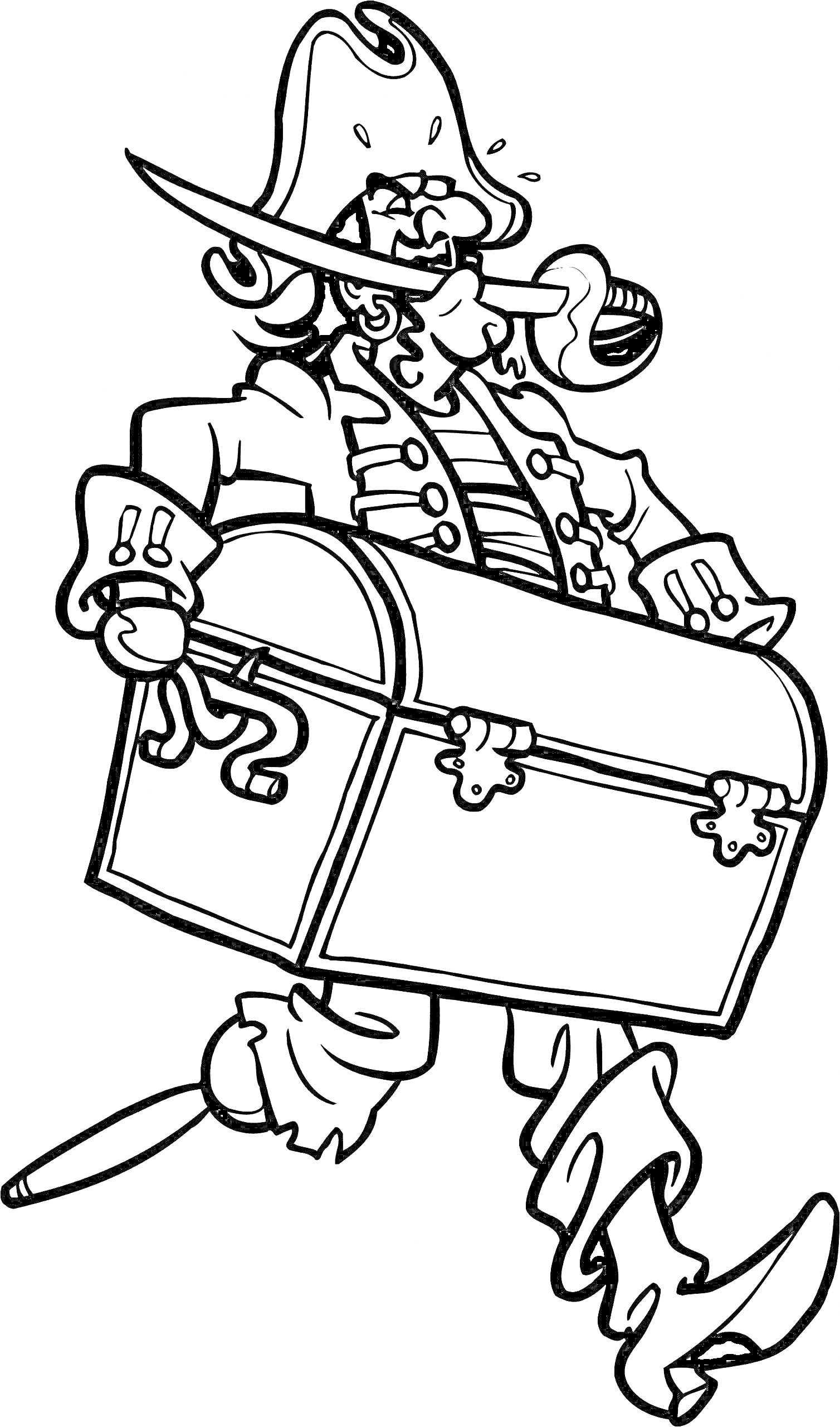 Раскраска Пират с сундуком, трубка во рту, шляпа с пером, меч за поясом