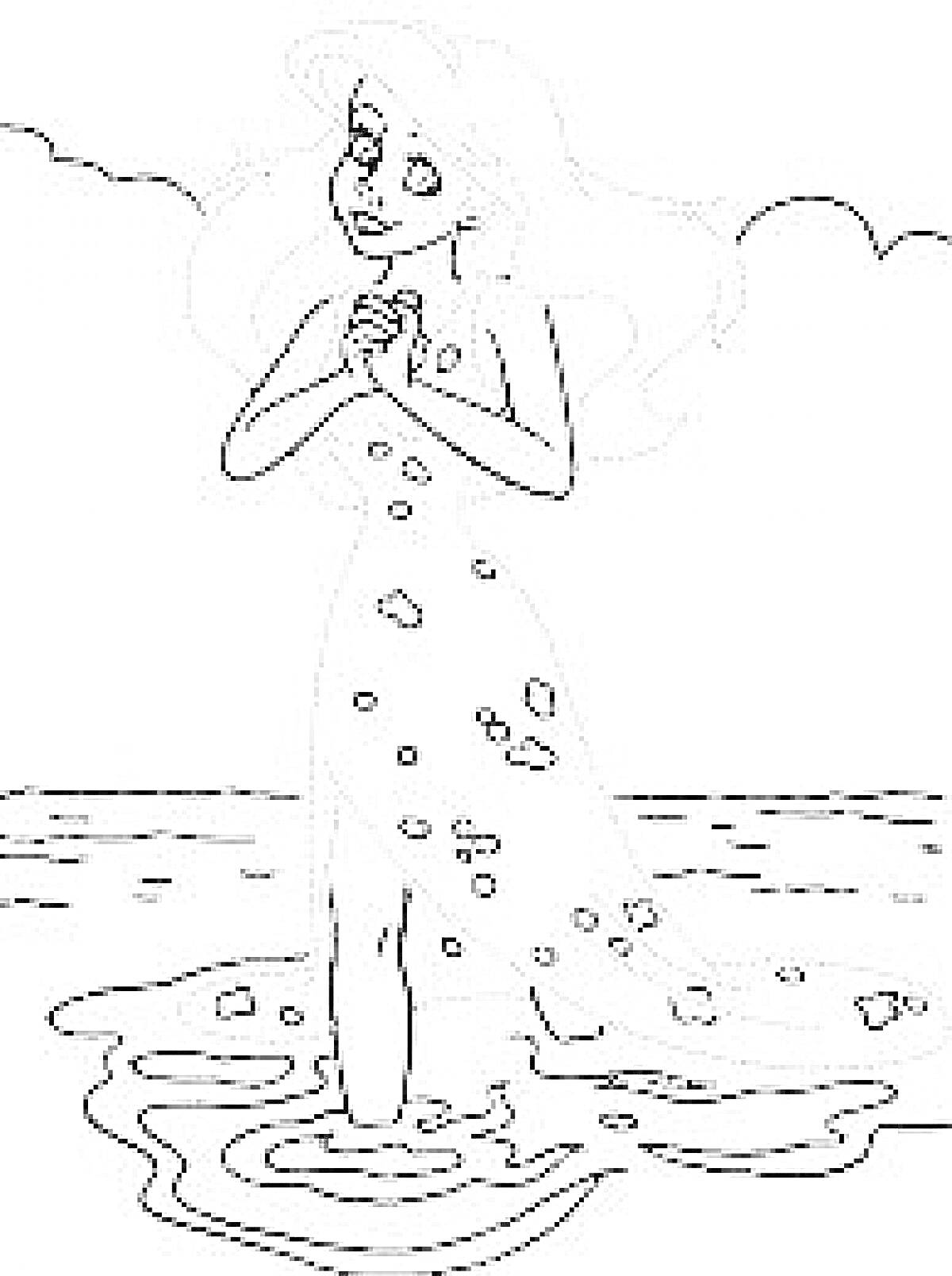 Раскраска Девушка с длинными волосами в платье, стоящая на берегу моря среди волн