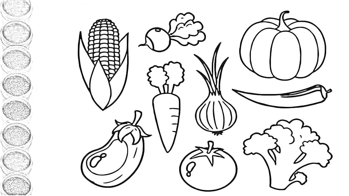 На раскраске изображено: Фрукты, Овощи, 2-3 года, Кукуруза, Грибы, Тыква, Баклажан, Морковь, Лук, Чили, Брокколи