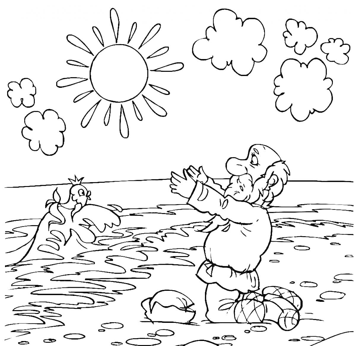 Раскраска Старик с золотой рыбкой на берегу под солнцем и облаками