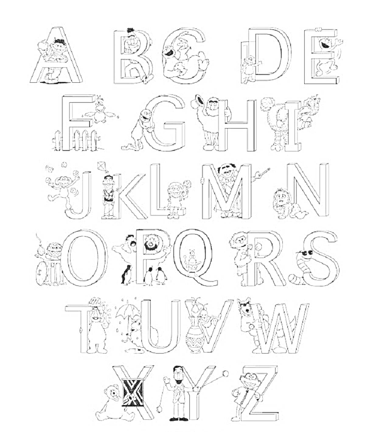 Раскраска Альфавит с персонажами на каждой букве