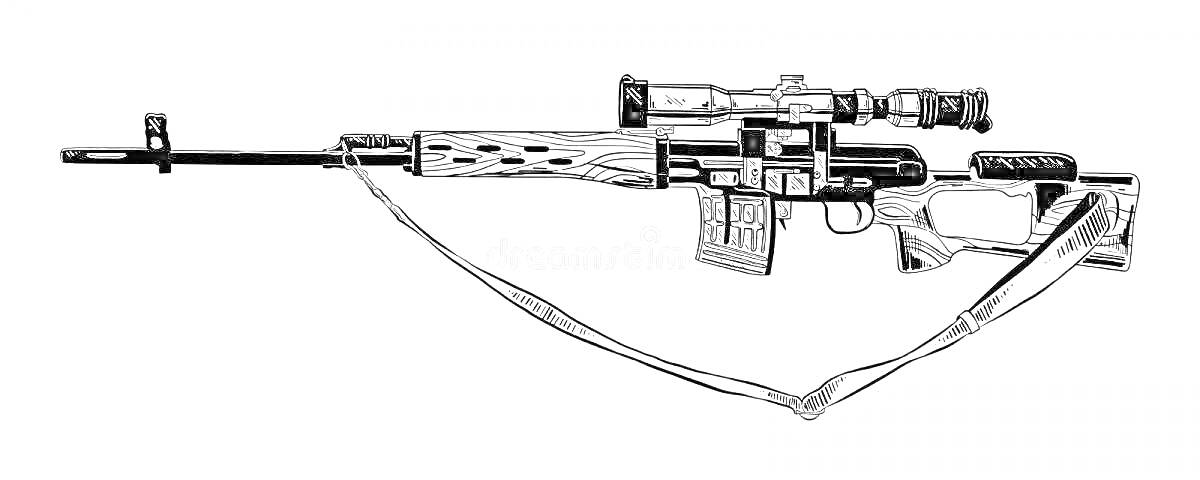 Раскраска Винтовка с оптическим прицелом и ремнем