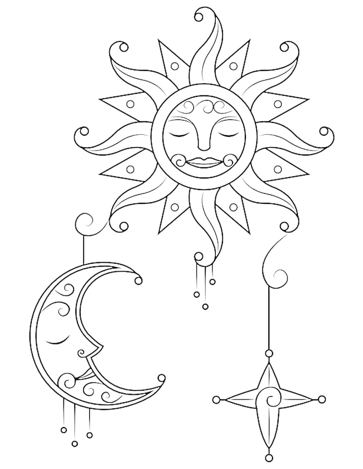 На раскраске изображено: Солнце, Луна, Полумесяц, Лицо, Узоры, Ночь, День