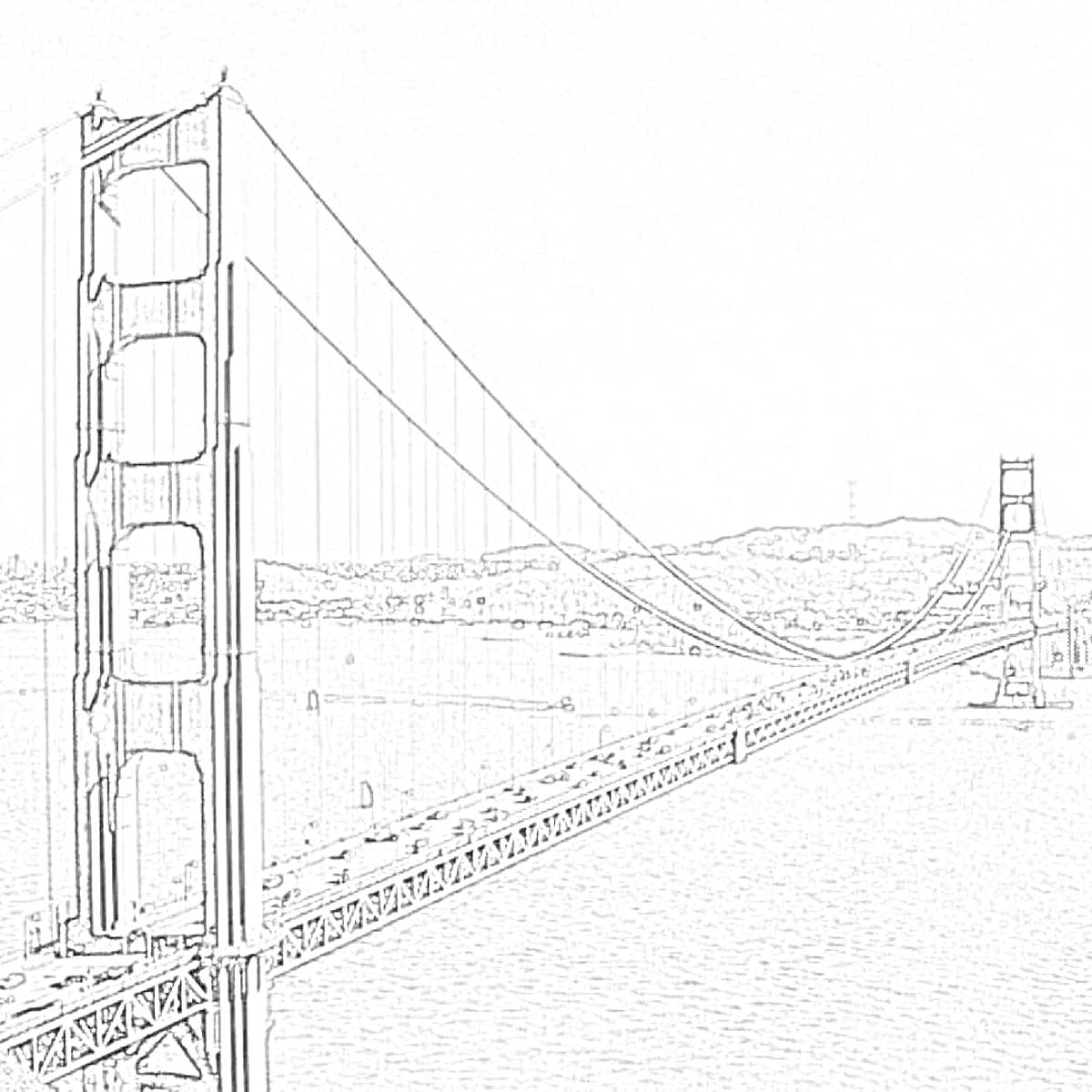 На раскраске изображено: Мост, Вода, Холмы, Архитектура, Пейзаж, США, Инженер