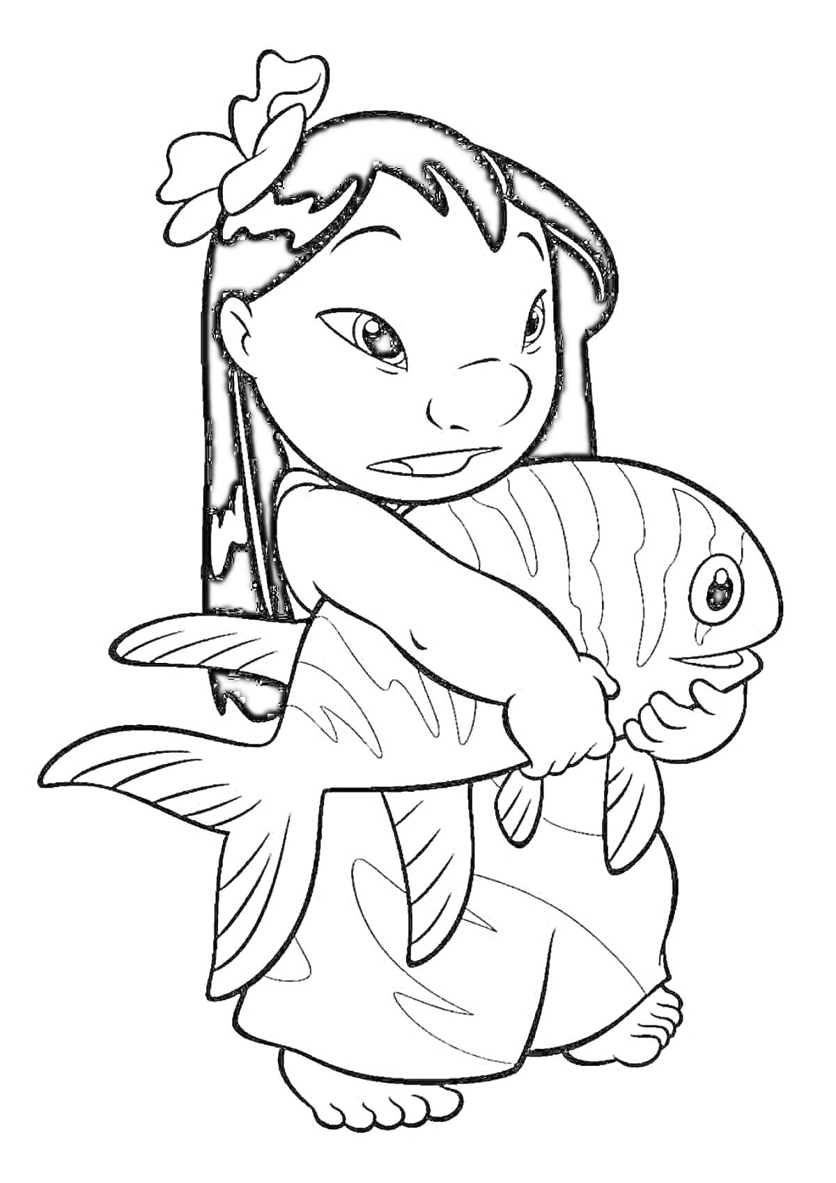 На раскраске изображено: Девочка, Рыба, Длинные волосы, Лило и стич
