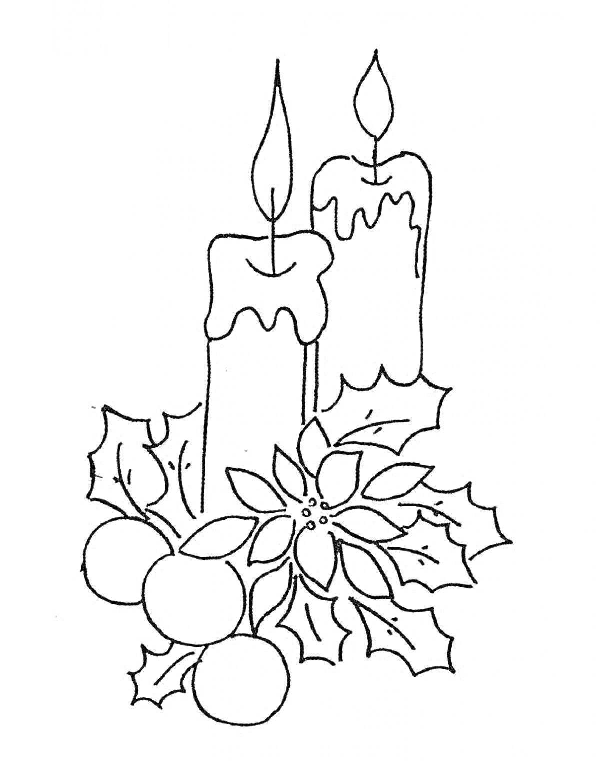 Раскраска Две свечи с горящими огнями, окруженные рождественскими украшениями, включающими листья и ягоды остролиста, а также цветок пуансеттии.