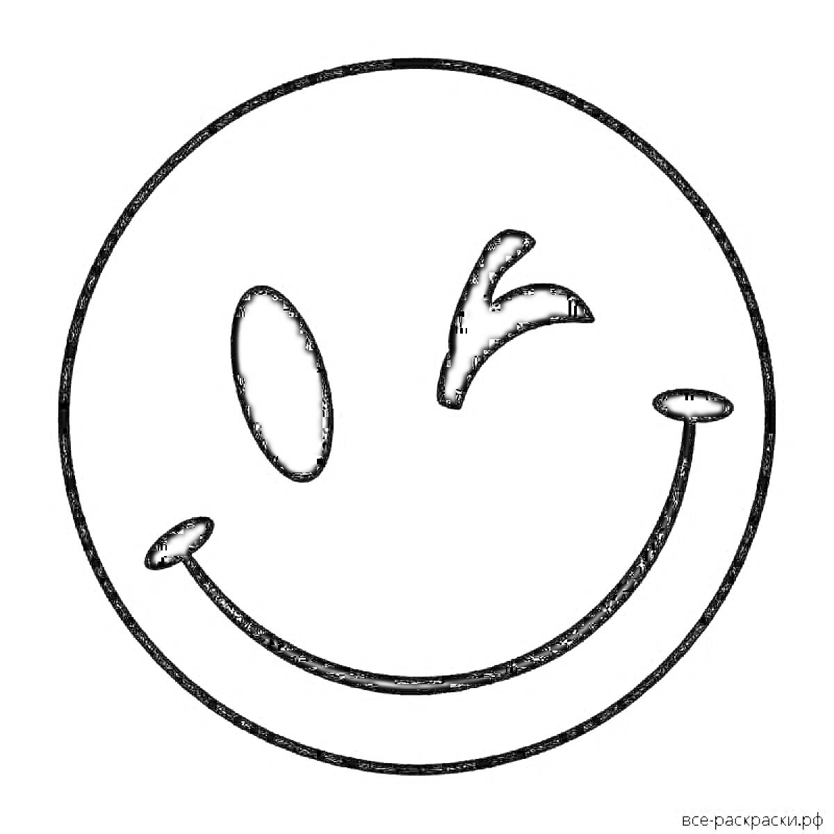 Раскраска Подмигивающий смайлик с одним открытым глазом и улыбкой