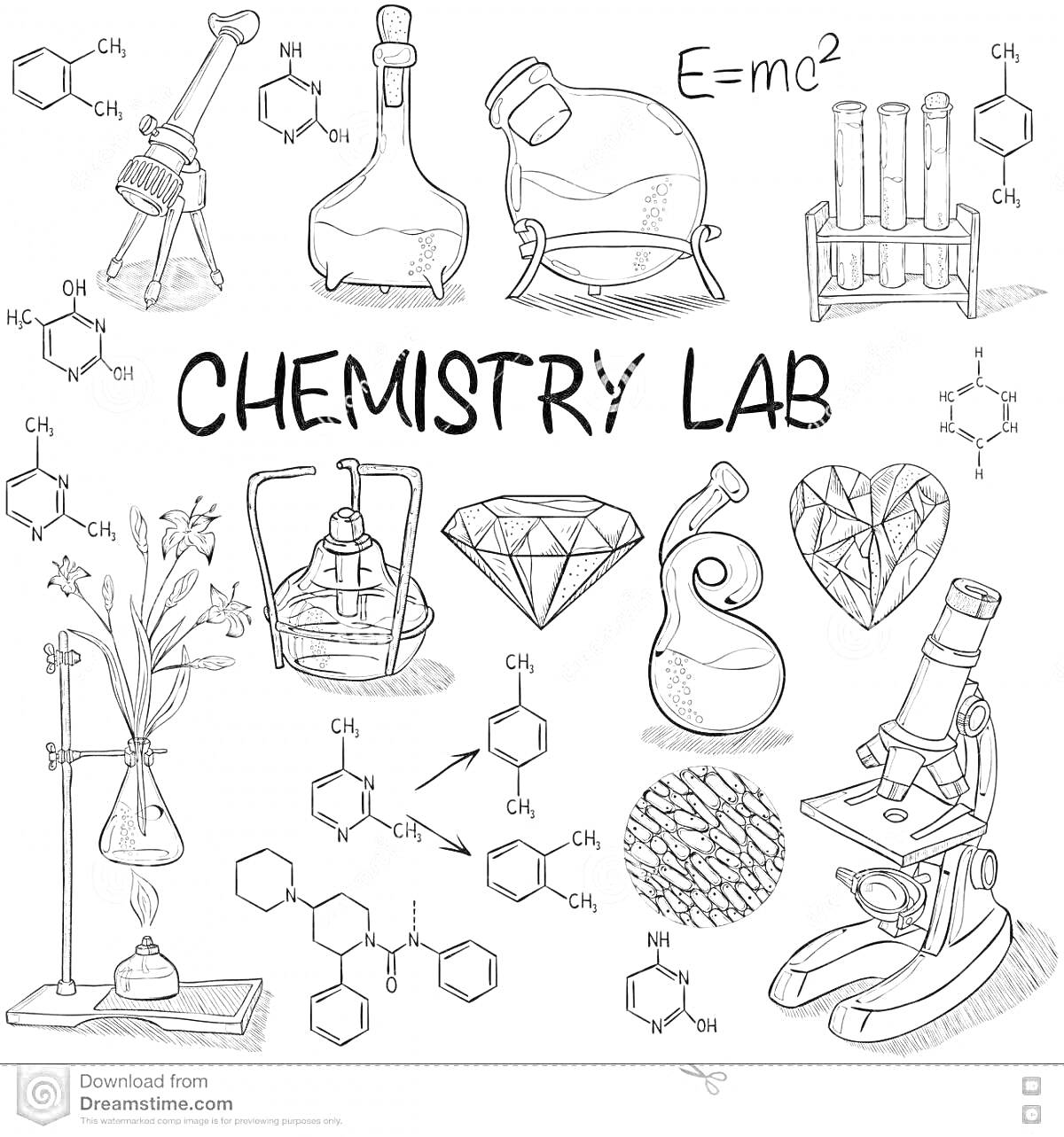 Раскраска химическая лаборатория с ретортами, колбами, пробирками в штативах, набором химических формул, горелкой, штативом с колбой и растениями, кристаллами и микроскопом.