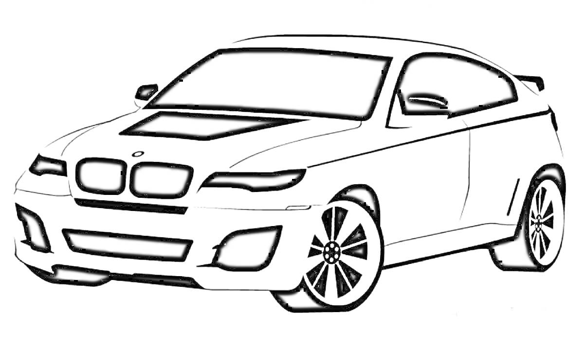 Раскраска спортивный автомобиль BMW с двумя дверями, пятью спицевыми колесами и характерной передней решеткой радиатора, вид сбоку