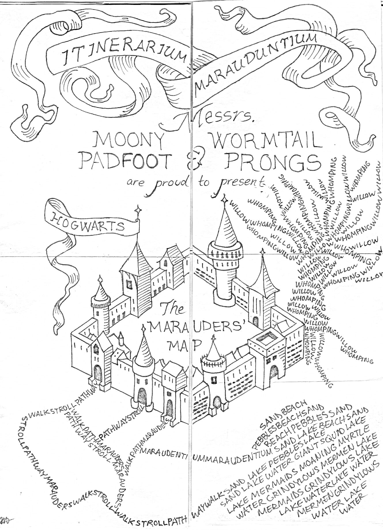 На раскраске изображено: Хогвартс, Замок, Карта, Гарри Поттер, Магия, Волшебство, Школа, Свиток, Текст