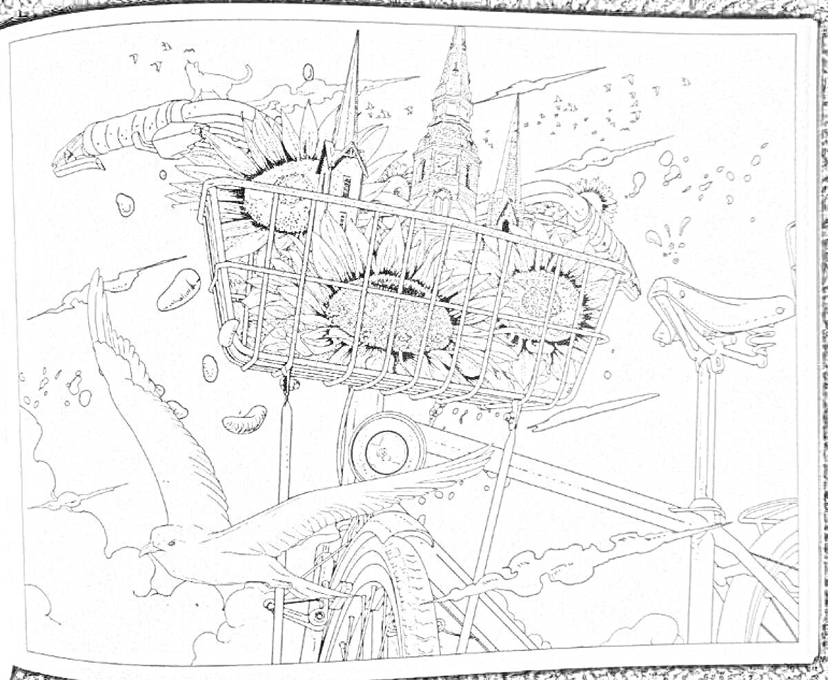 На раскраске изображено: Велосипед, Корзина, Подсолнухи, Строение, Время