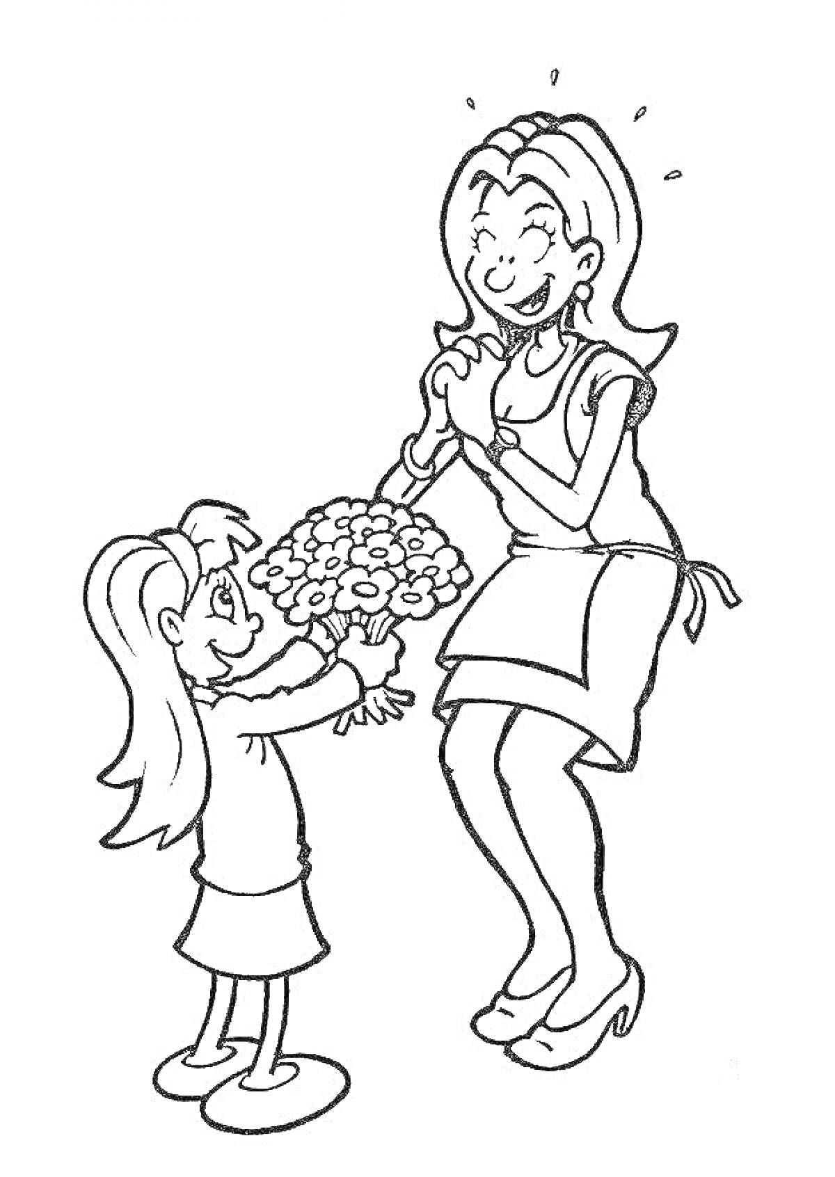 Мама и дочка с букетом цветов