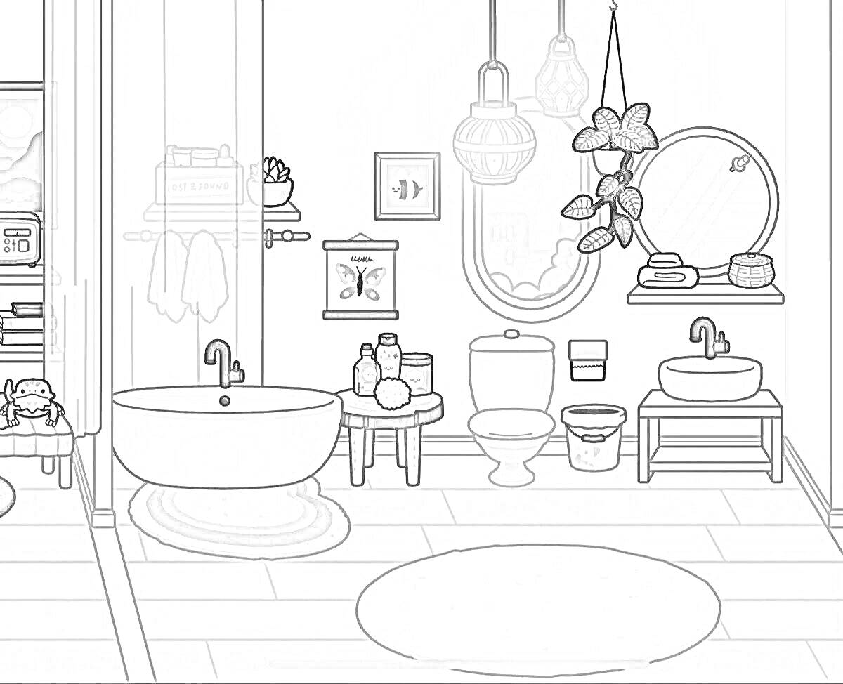 Раскраска Ванная комната с ванной, раковиной, туалетом, зеркалом, растением и освещением