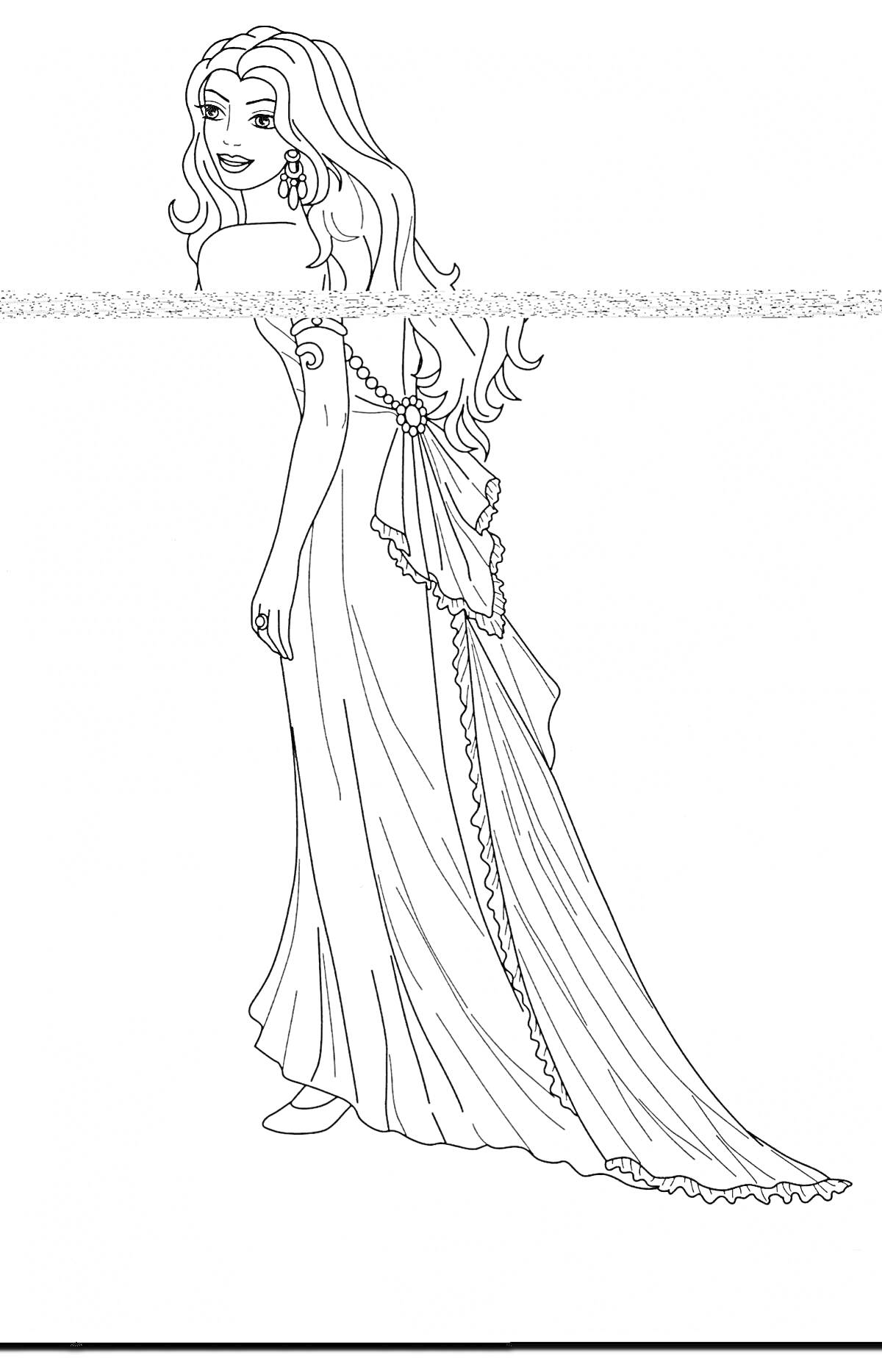 Раскраска Принцесса в длинном платье с украшениями и длинными волосами