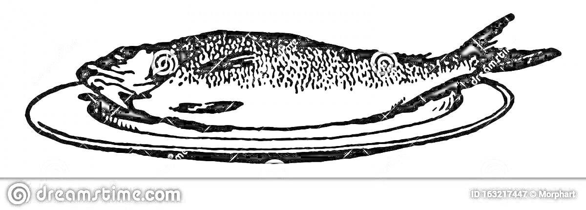 Раскраска Жареная рыба на тарелке