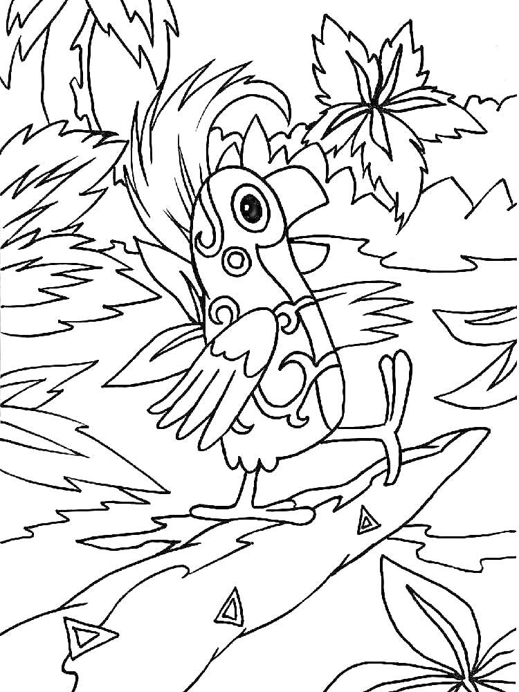 Раскраска Попугай идет по бревну в джунглях