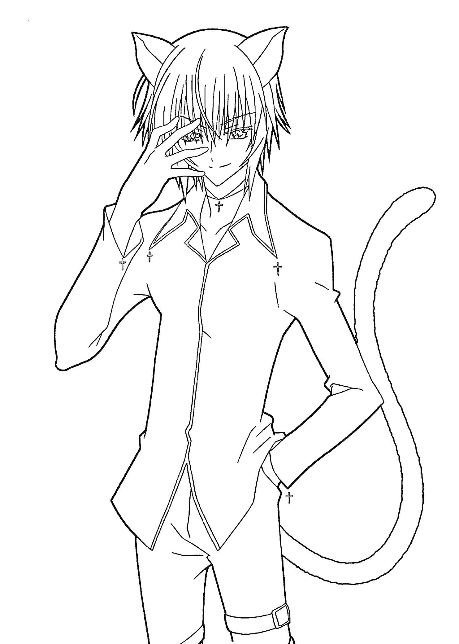 Аниме персонаж с кошачьими ушами и хвостом, в рубашке с длинным рукавом, поза с рукой на лице