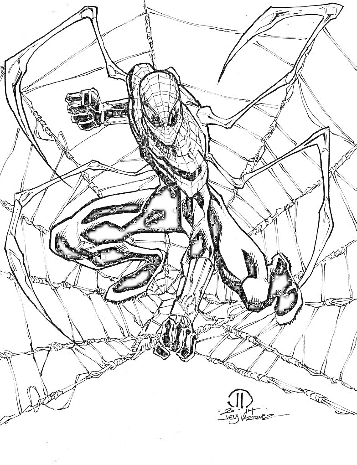 Раскраска Человек-паук с щупальцами на фоне паутины