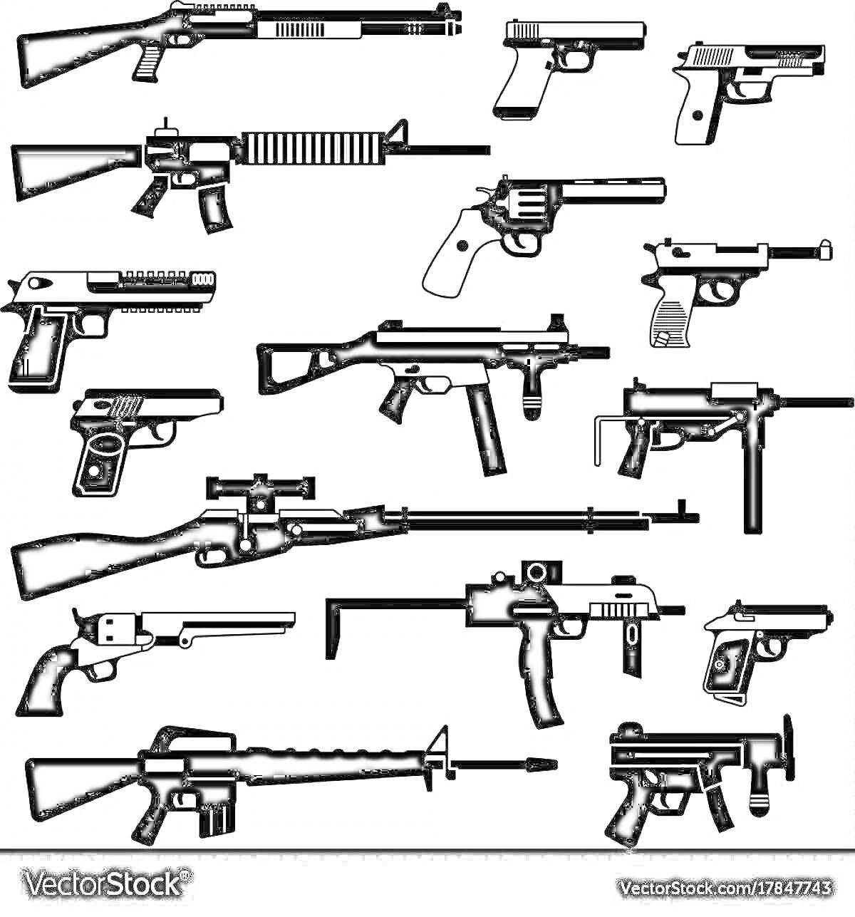 Раскраска Черно-белая раскраска различных типов огнестрельного оружия, включая винтовки, пистолеты, автоматы и пулемёты