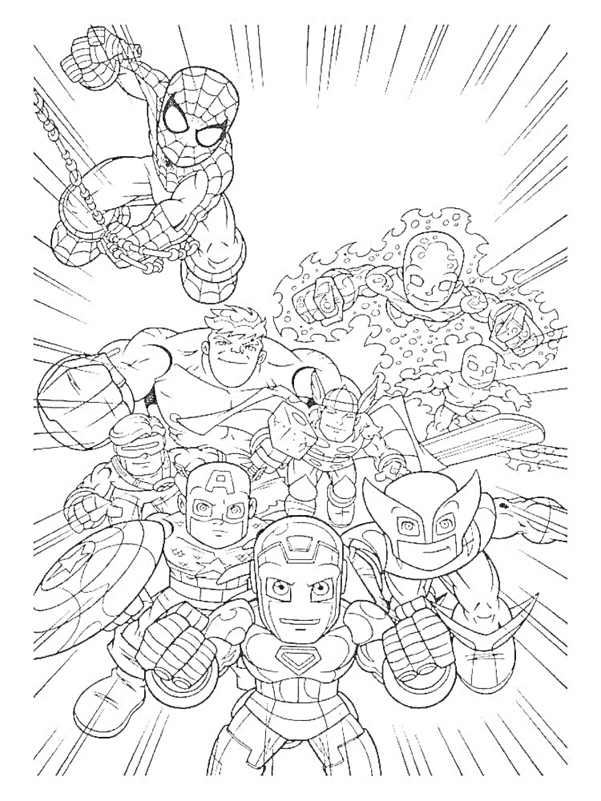 На раскраске изображено: Супергерои, Команда, Человек-паук, Гигант, Человек-факел, Летучая мышь, Капитан Америка, Железный Человек, Комиксы