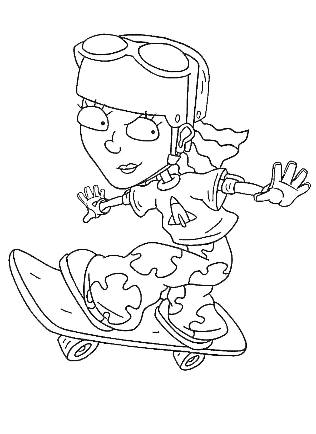 Девочка-подросток на скейтборде в шлеме и очках