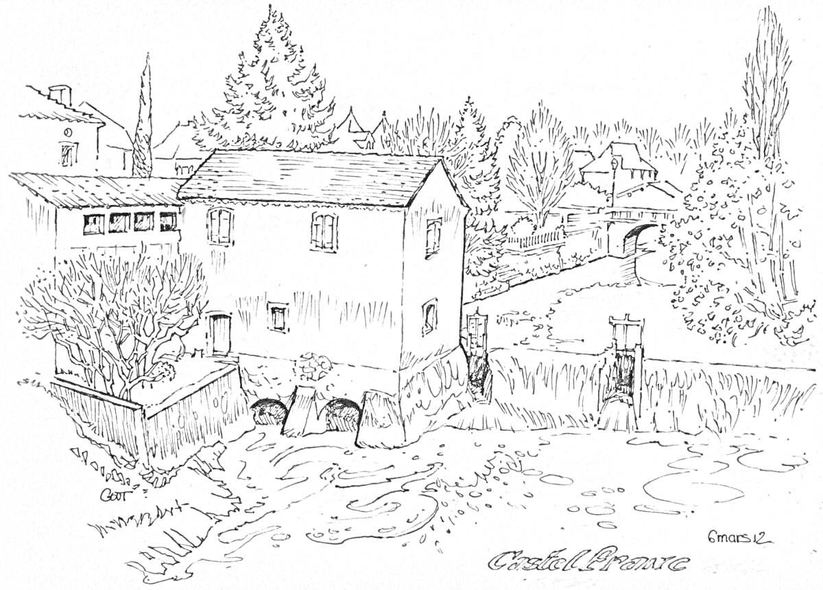 Раскраска Деревенский пейзаж с домом, деревьями и мостом