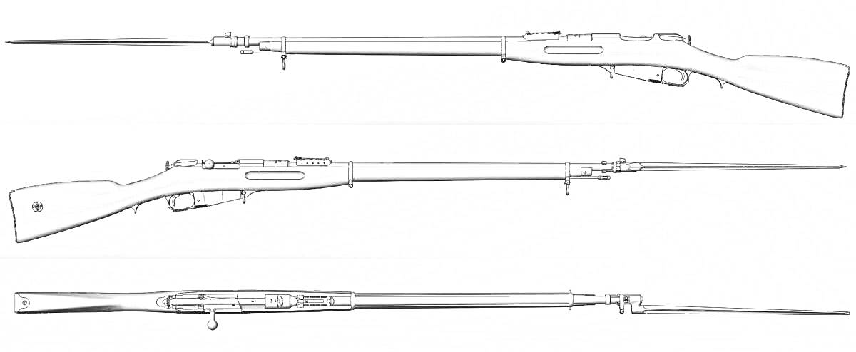 Раскраска Вид спереди, сбоку и сверху винтовки Мосина с штыком