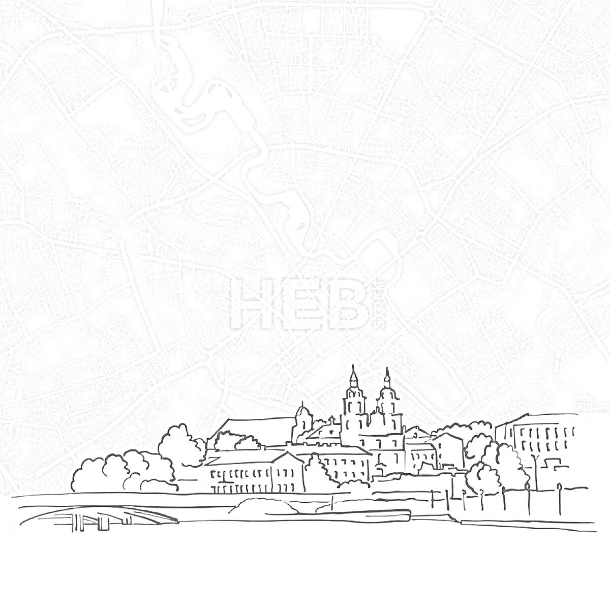На раскраске изображено: Минск, Архитектура, Река, Карта, Здания, Природа, Исторические здания, Столица, Беларусь