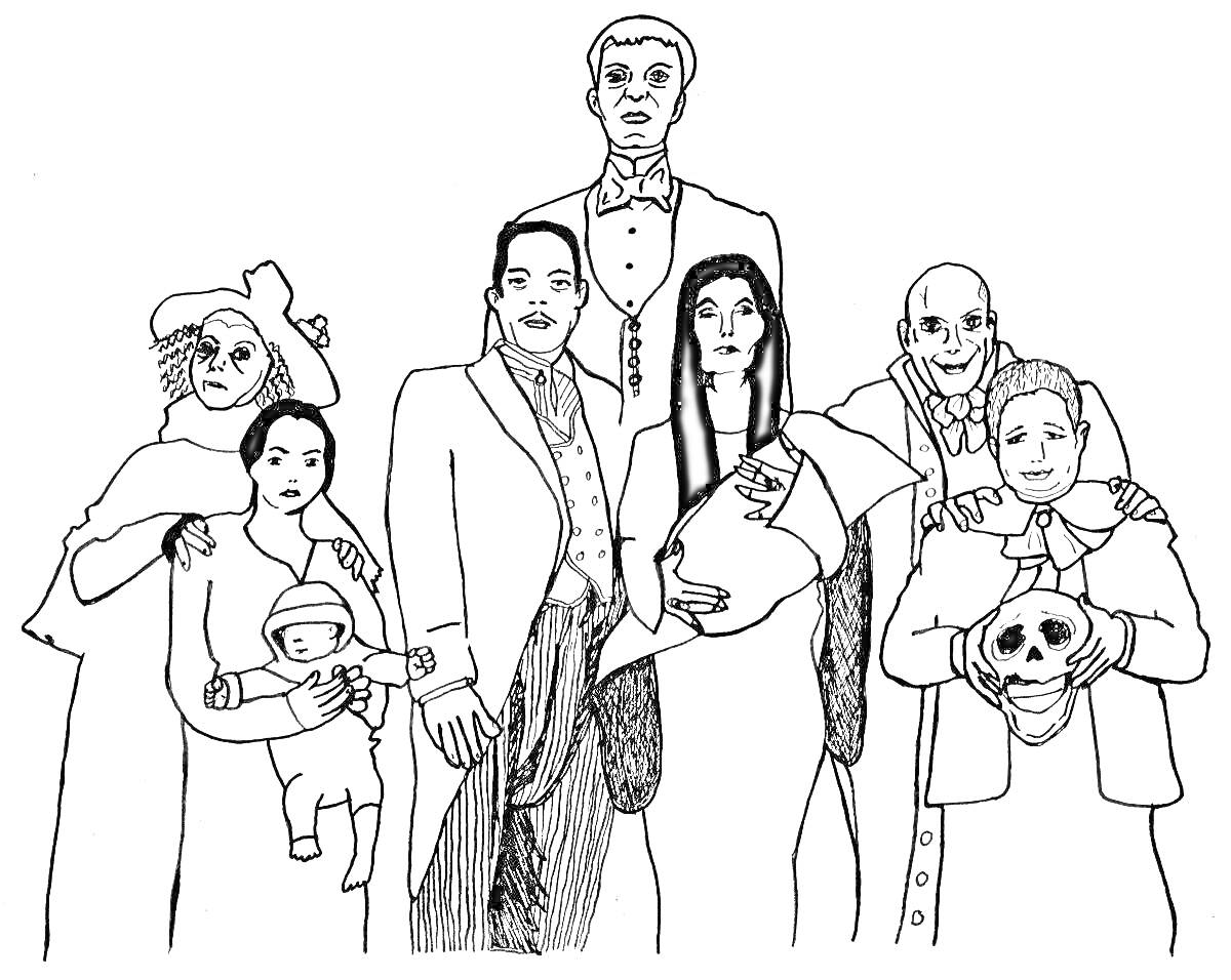 Раскраска Семья Адамс, семь персонажей - женщины в шляпе и платье с младенцем, мужчина в костюме и галстуке, женщина с длинными волосами, высокого роста мужчина в строгом костюме, лысый мужчина и женщина с черепом в руках.