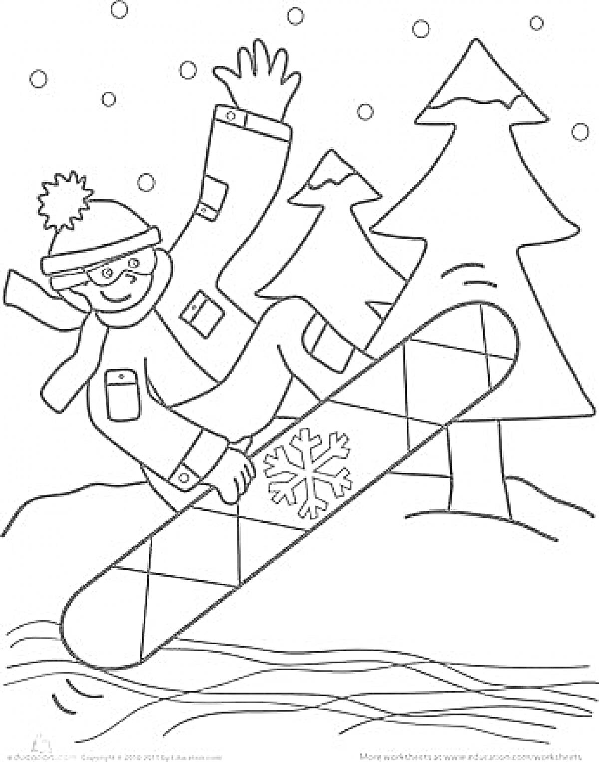 На раскраске изображено: Зима, Зимние виды спорта, Ребёнок, Сноуборд, Снег, Елки, Горы, Снежинки, 5-6 лет, Для детей