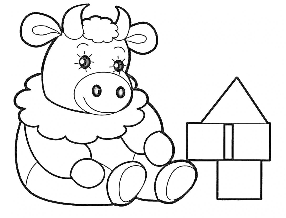На раскраске изображено: Корова, Игрушки, Домик, Кубики, Для детей, 4-5 лет, Игра, Животные