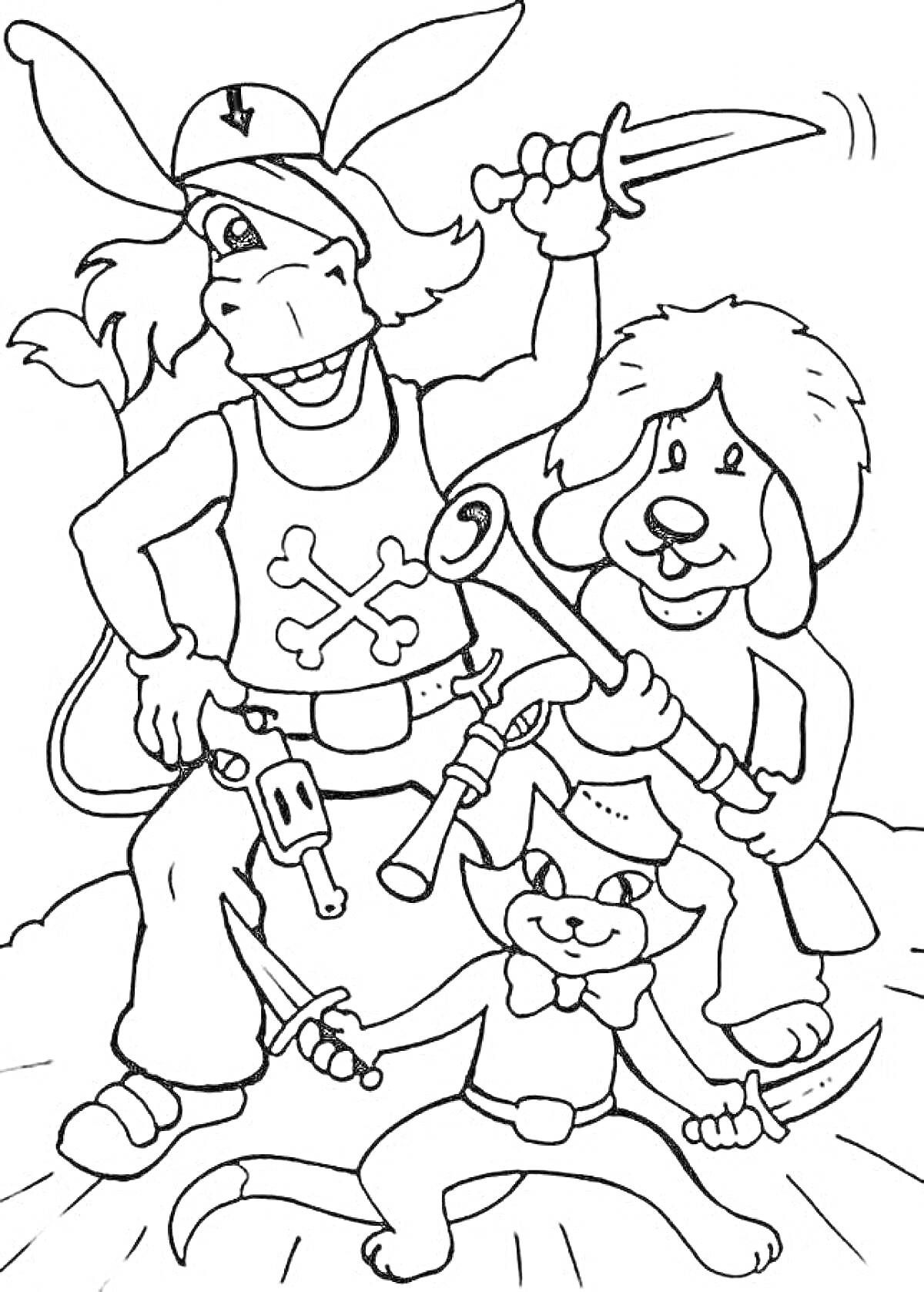 Раскраска Осел с пиратской повязкой и повязкой на голове, держащий кинжал, кот с бабочкой и кинжалом, собака с трубой