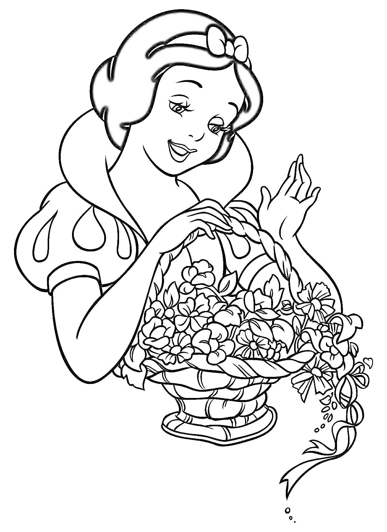 Раскраска Белоснежка с цветами в корзине