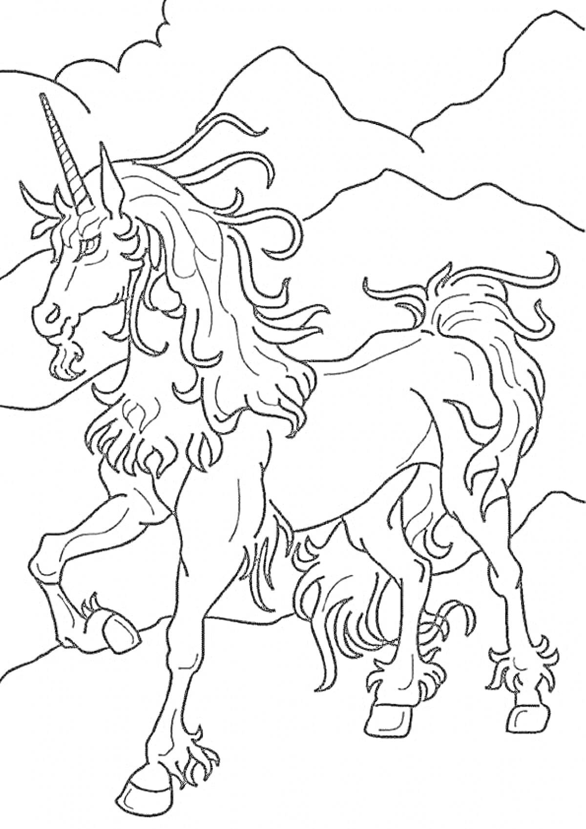 Раскраска Единорог на фоне гор