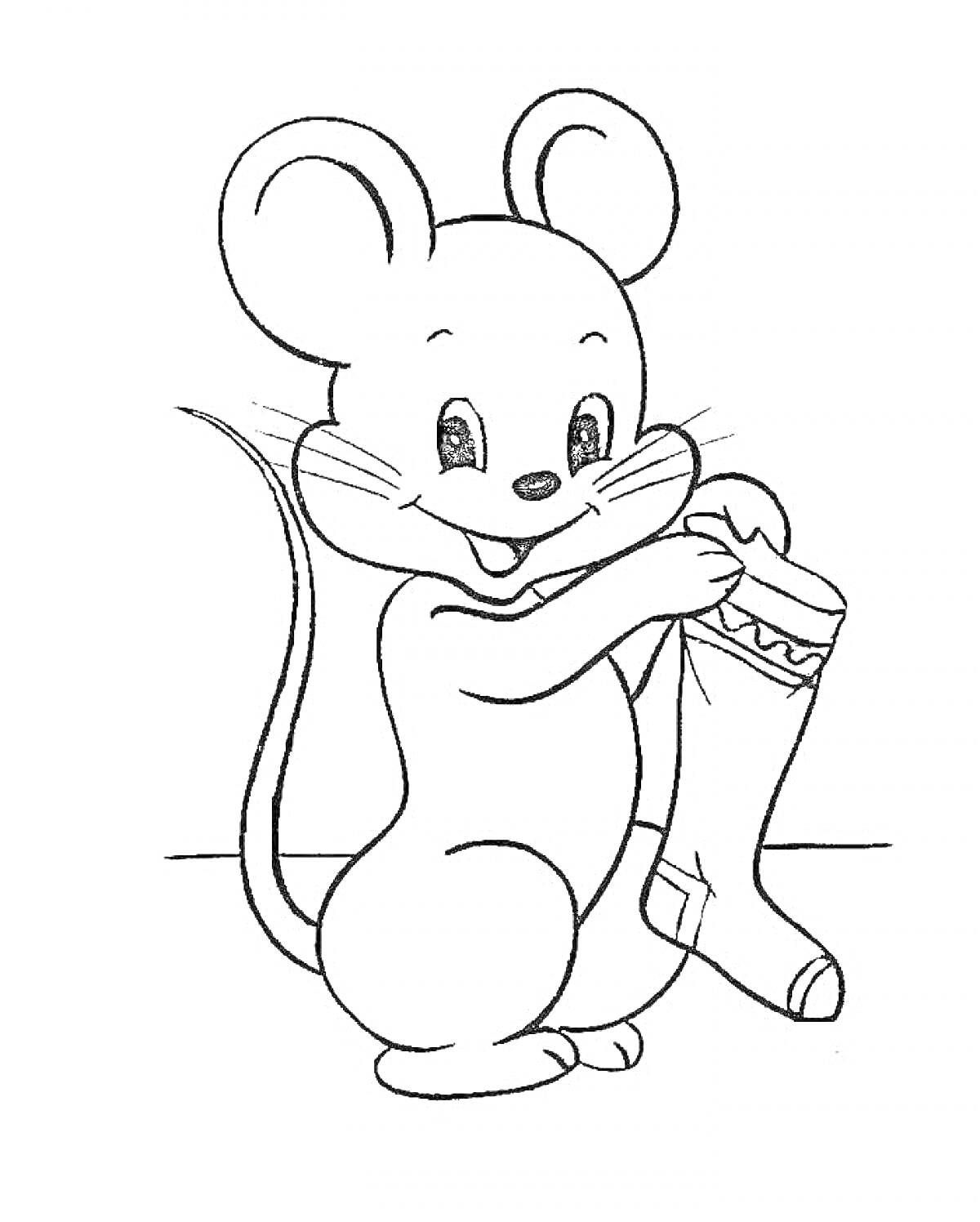 Раскраска Мышонок, держащий носок