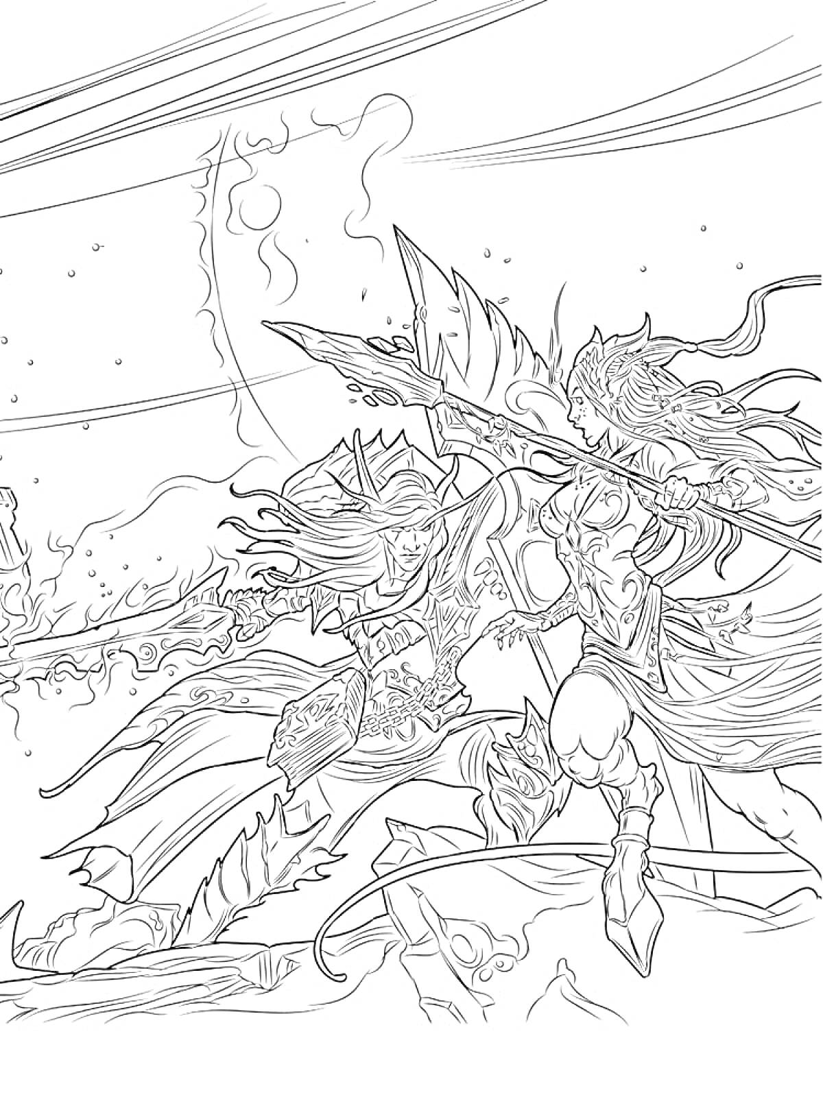 Раскраска Две сражающиеся воина с копьями и мечами на поле битвы