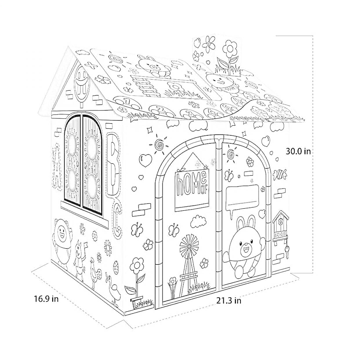 Раскраска Картонный домик для раскрашивания с цветами, пчелами, бабочками, деревьями, окнами и дверью